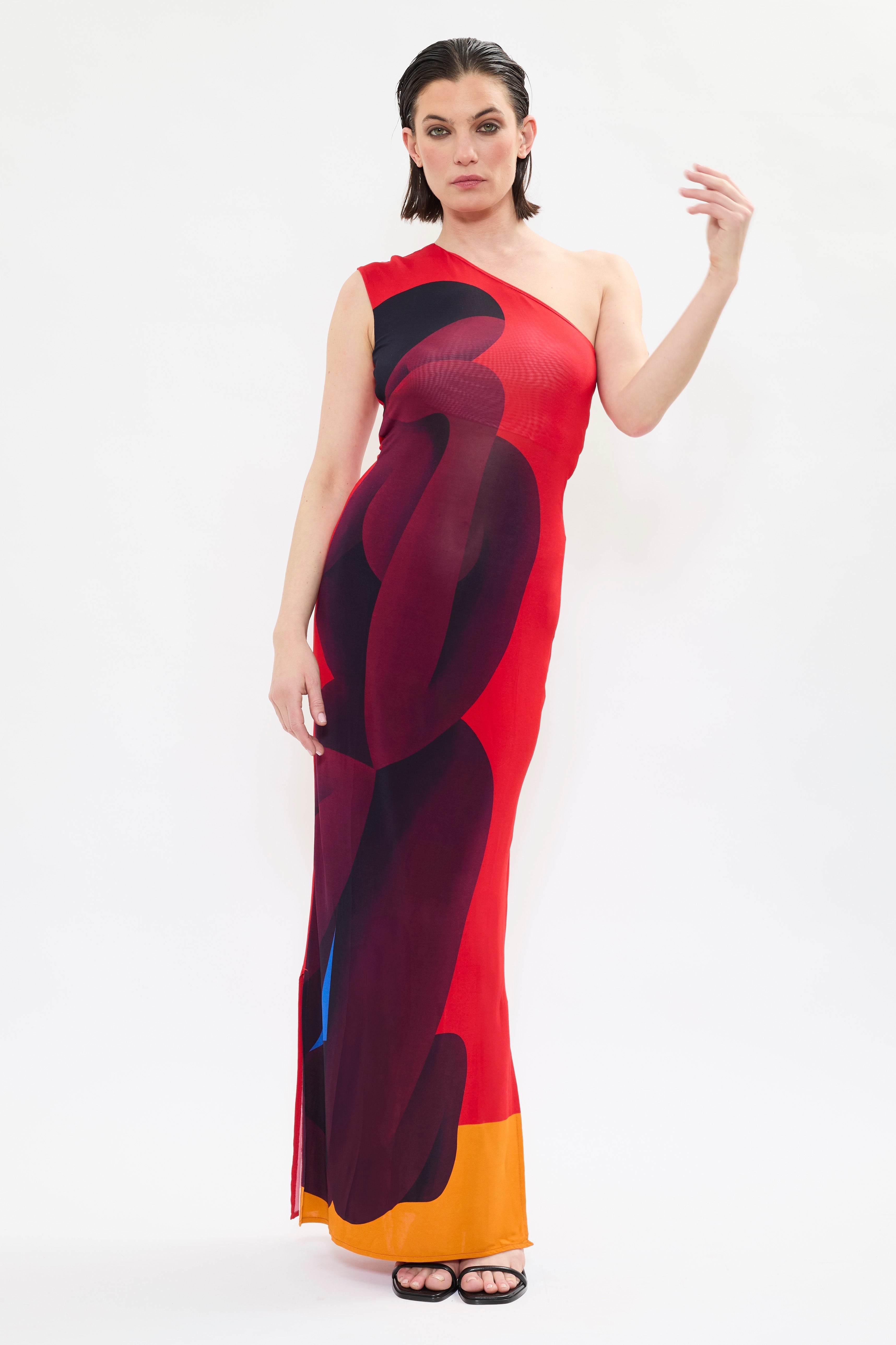 Long one shoulder fluid dress in red with exclusive artistic print