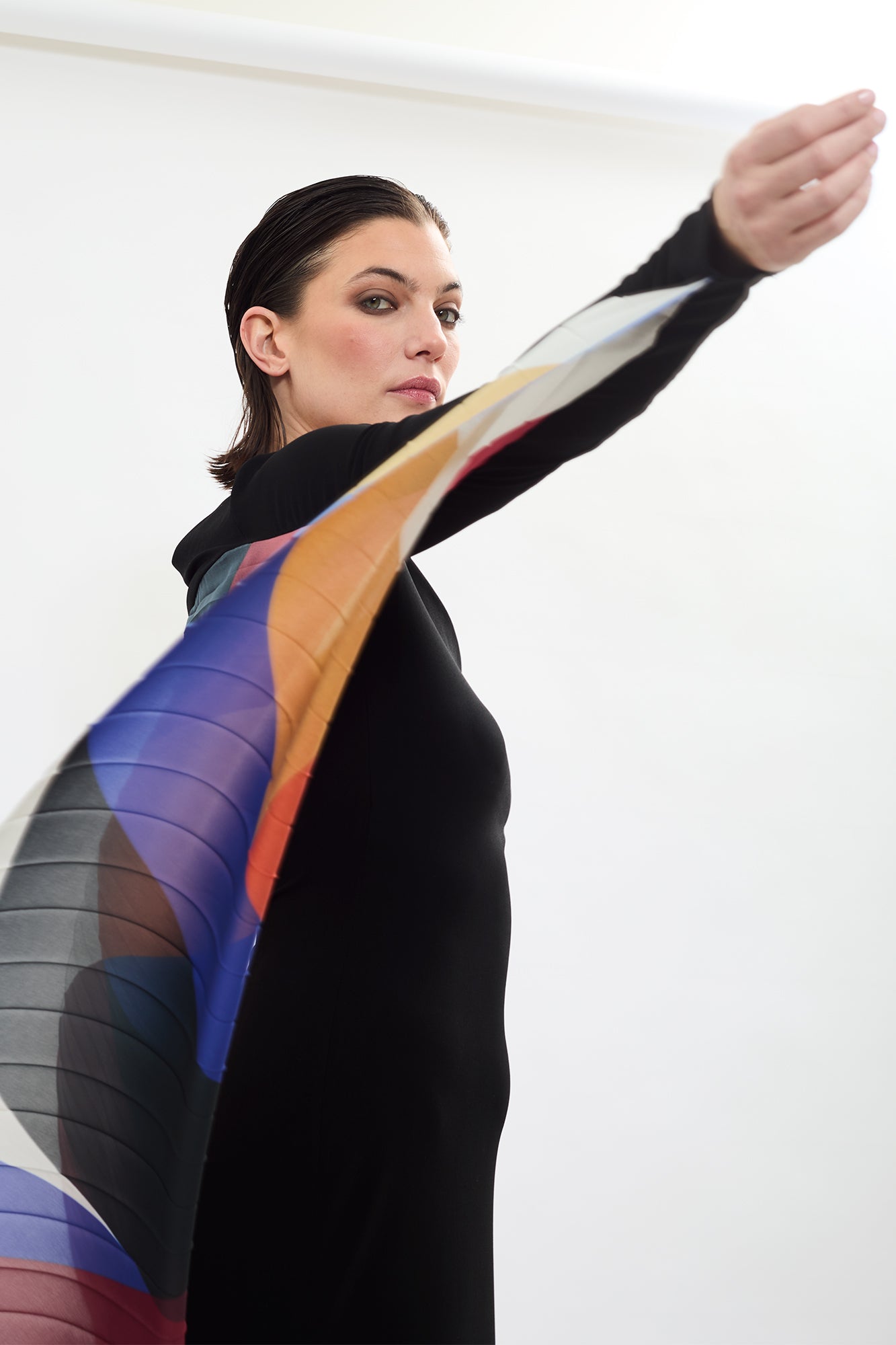 BEL ‘Envol’ asymmetric long dress with single sleeve, pleated sculptural panel