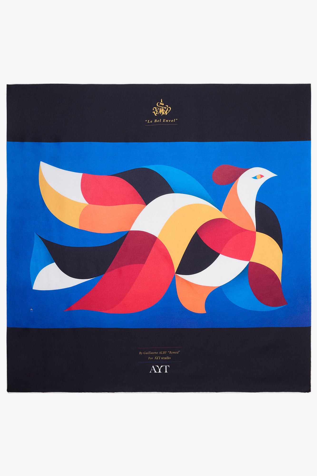AYT STUDIO x French painter REMED 100% twill silk scarf crafted in Como, Italy in a stylized, colorful graphic print inspired by REMED's painting ‘Bel Envol.' Fluid, versatile accessory for styling. 85 x 85 cm.