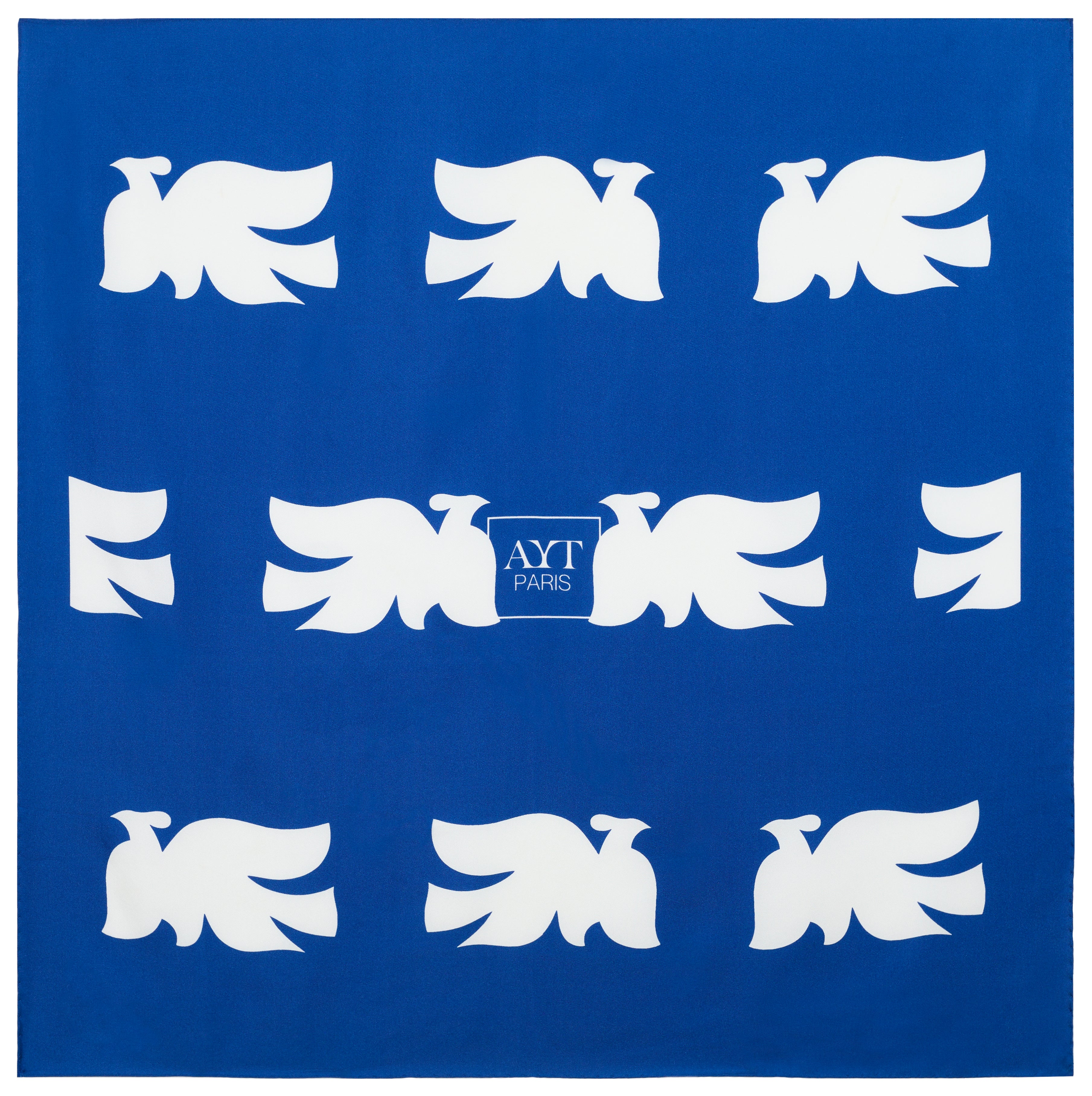 Flat view of AYT Studio x French artist REMED 'CLOUD OF BIRDS' 100% twill silk scarf crafted in Como, Italy, hand-finished with rolled edges. Lightweight, versatile accessory. Inspired by 'Bel Envol' 65 x 65 cm.