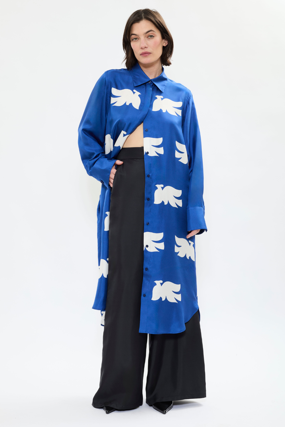AYT Studio x French artist REMED 'CLOUD OF BIRDS' 100% twill silk button shirt dress with structured collar, long sleeves, and discreet pockets. Lightweight and versatile for day-to-night, relaxed, feminine style. Inspired by REMED's 'Bel Envol.'