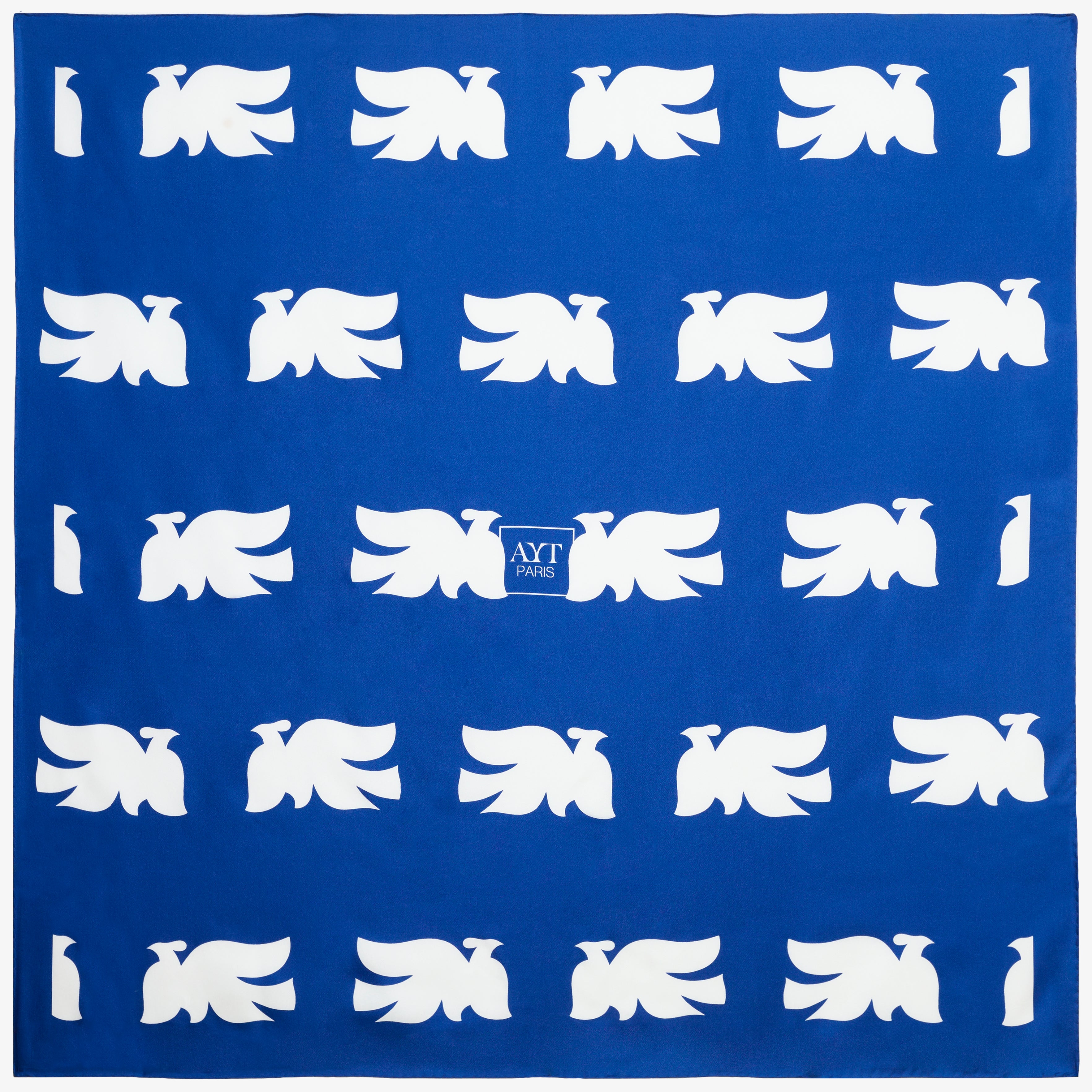 Flat view of AYT Studio x French artist REMED 'CLOUD OF BIRDS' 100% twill silk scarf crafted in Como, Italy, hand-finished with rolled edges and oversized graphic print. 100 x 100 cm. Lightweight, versatile accessory. Inspired by 'Bel Envol'