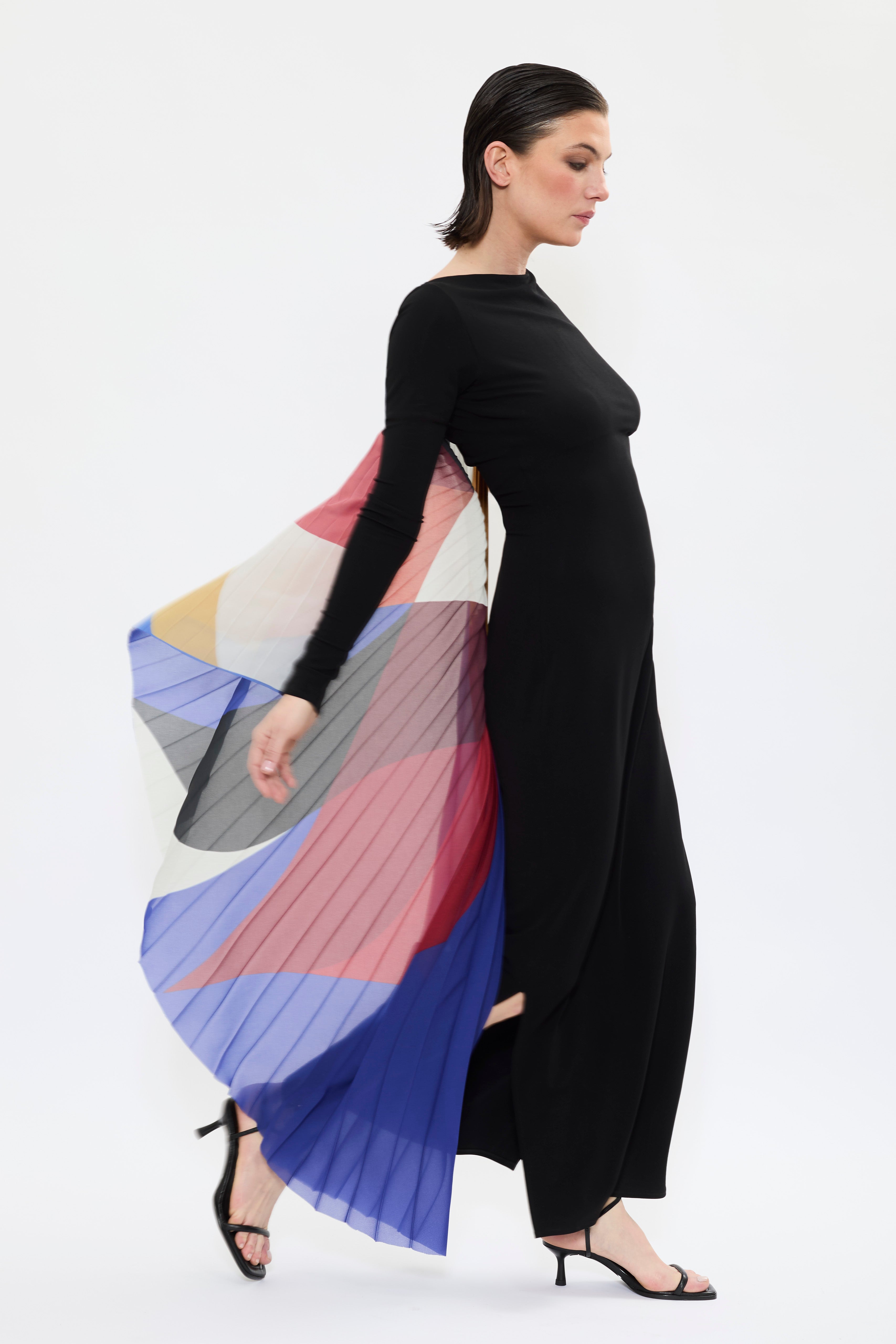AYT STUDIO x French painter REMED 'ENVOL' long, maxi dress in a fluid jersey fabric with asymmetrical single sleeve, pleated, sculptural graphic patterned panel. Inspired by the painting 'Bel Envol.'