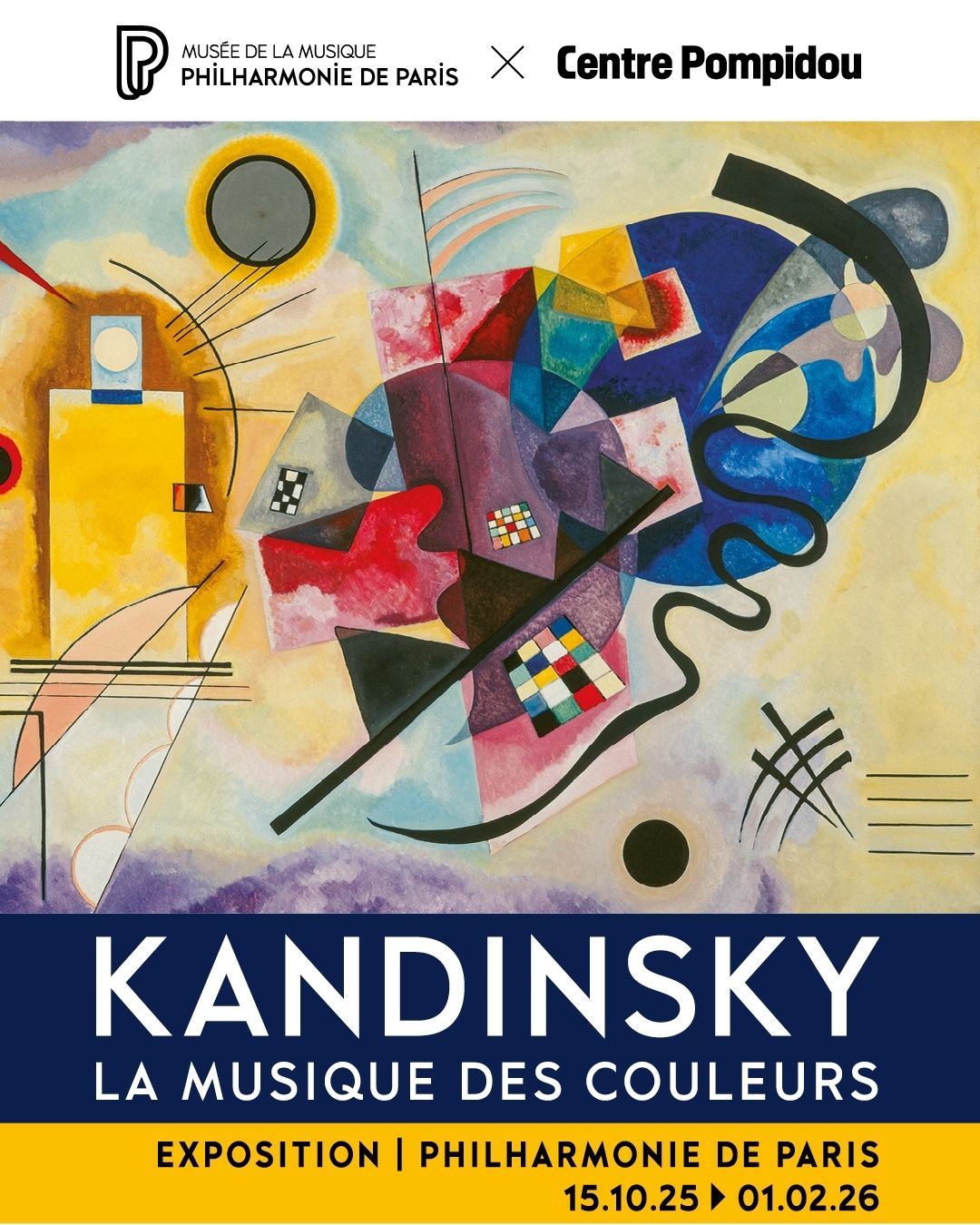 Poster for Kandinsky exhibition at Philharmonie de Paris featuring abstract art.