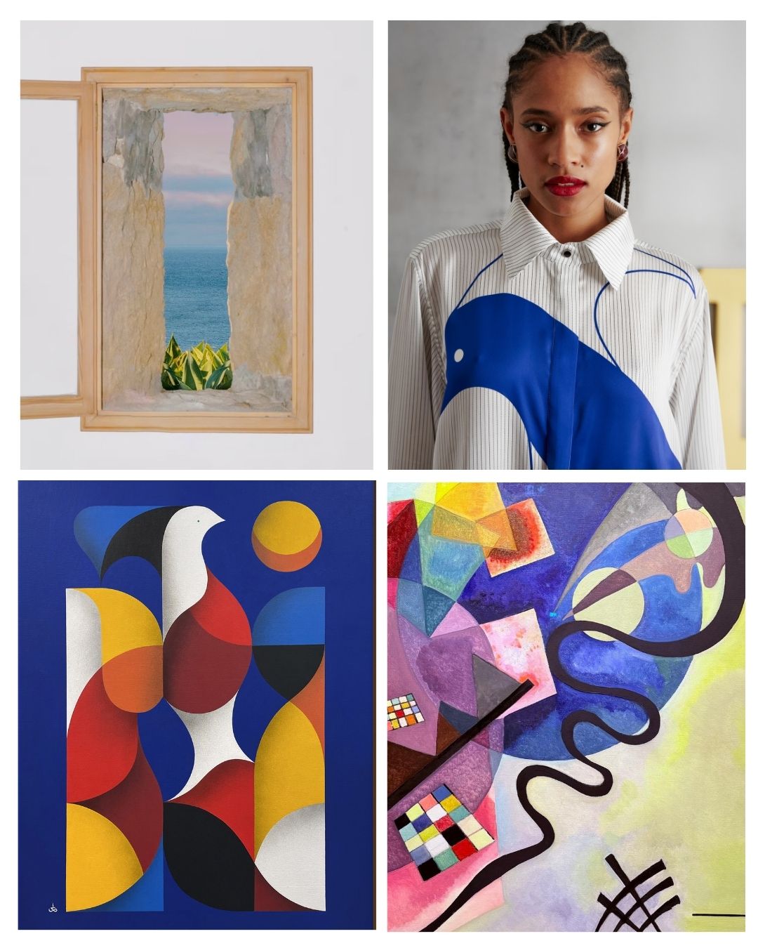 Woman wearing an AYT Studio silk shirt in a contemporary art gallery, embodying quiet elegance and the dialogue between fashion and art.