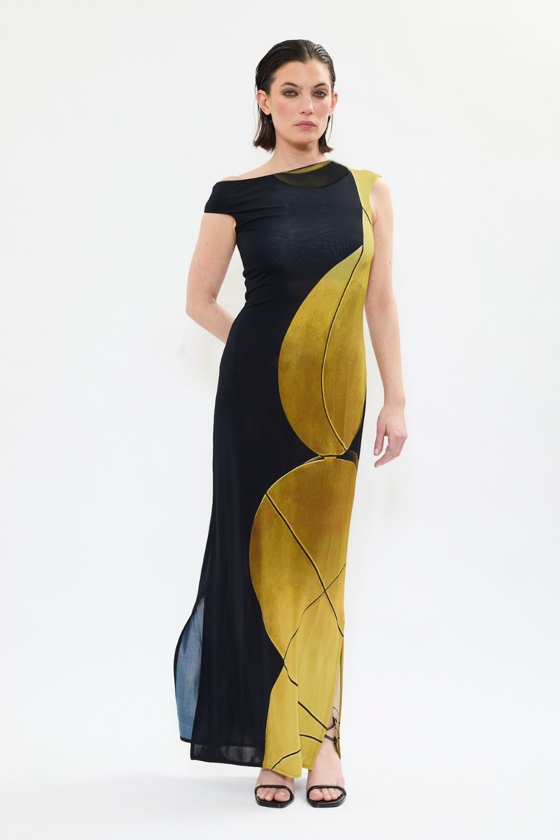 ‘Aura’ Long Dress i Exclusive Black & Gold Trompe-l’Œil Artistic Print