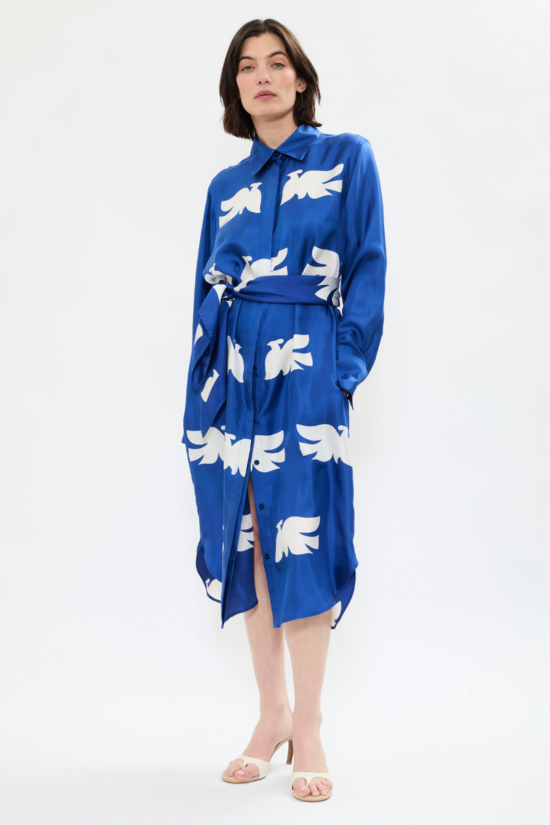 'Cloud of Birds' Printed Silk Shirt Dress i Exclusive Artistic Print 'Cloud of Birds' Printed Silk Shirt Dress i Exclusive Artistic Print