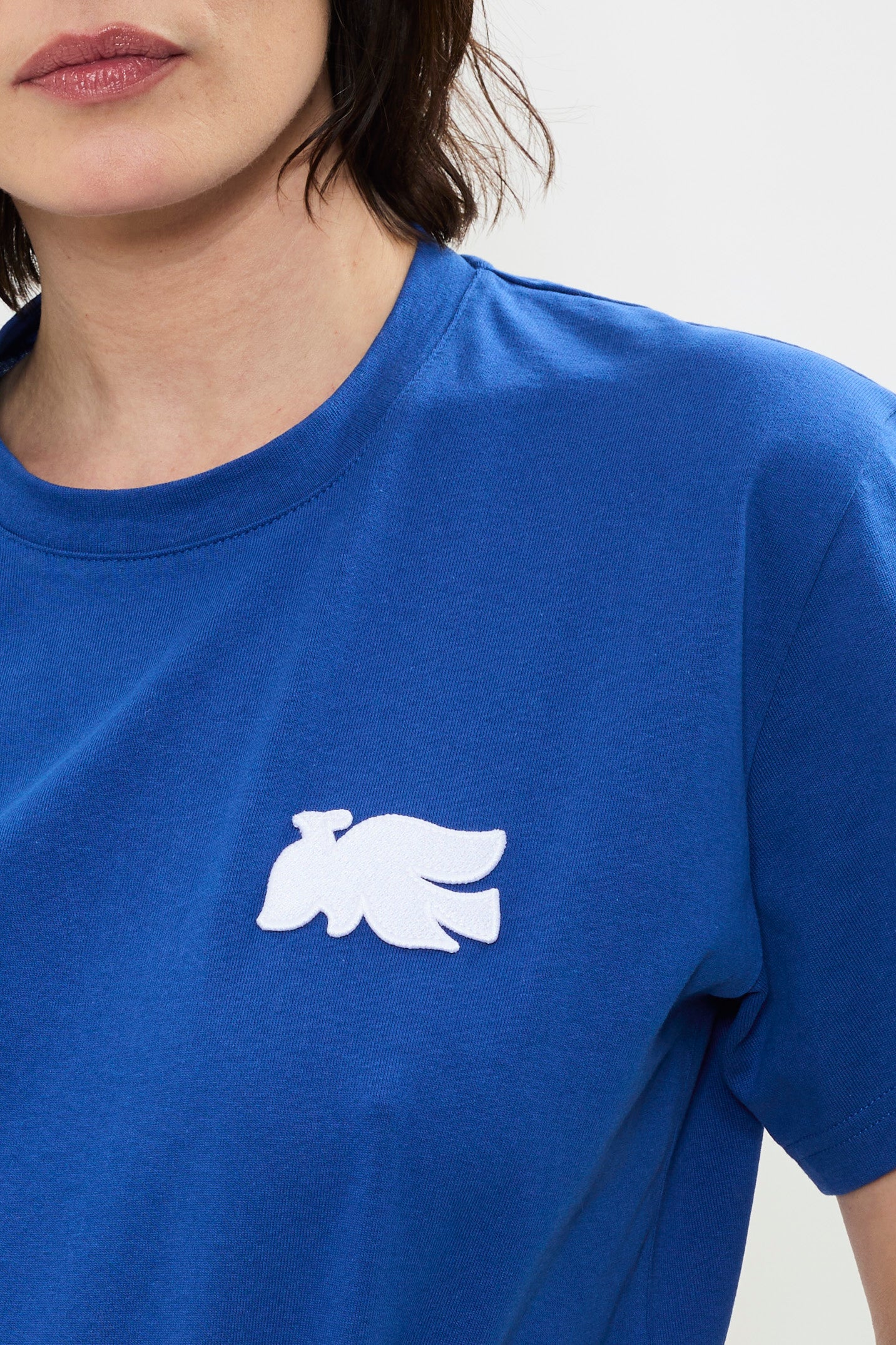 Details close up of AYT Studio x French artist REMED 'MIRAGE' blue 100% organic cotton T-shirt  with straight fit, round neckline, and blue bird embroidery inspired by Remed's painting 'Bel Envol.'